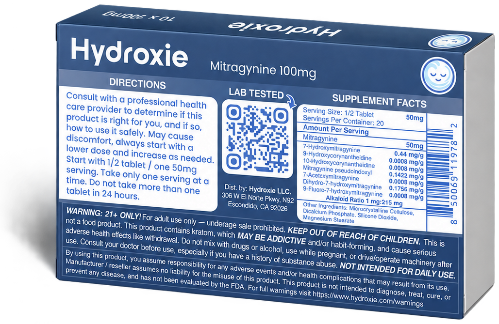 Back of the Hydroxie Mitragynine 100mg box, with directions, supplement facts, and a 21 and older warning.