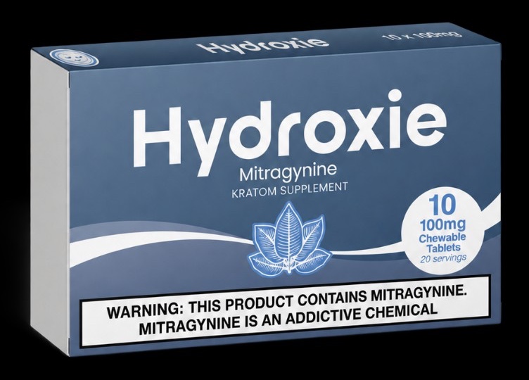 Hydroxie Mitragynine chewable tablets, 10 count, 100mg each. Warning: this product contains mitragynine. Mitragynine is an addictive chemical.