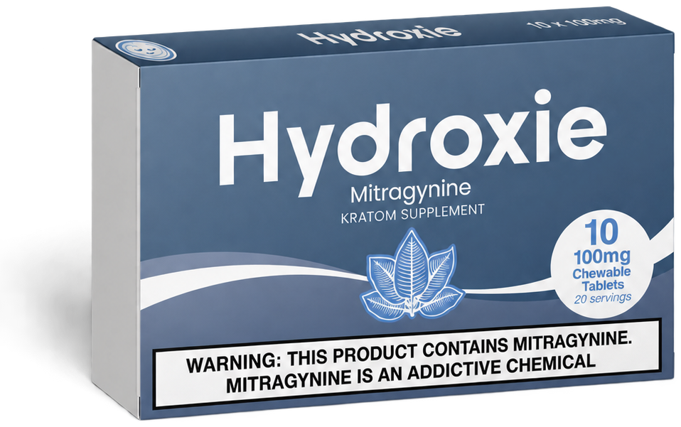 Front of the Hydroxie Mitragynine box, 10 chewable tablets, 100mg each. Warning: this product contains mitragynine. Mitragynine is an addictive chemical.